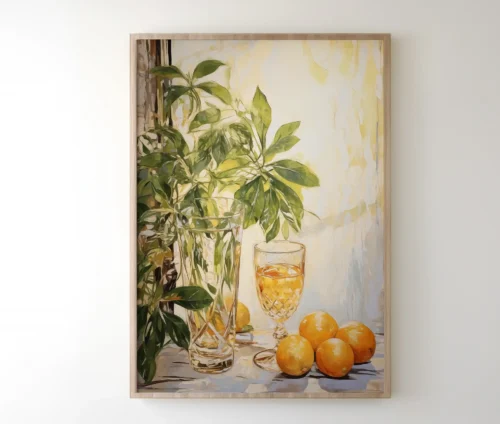Plakat med maleri af citrusfrugter i træramme, hængende på væg.