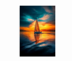 Plakat med sejlbåd på stille vand under en gylden og dramatisk solnedgang.