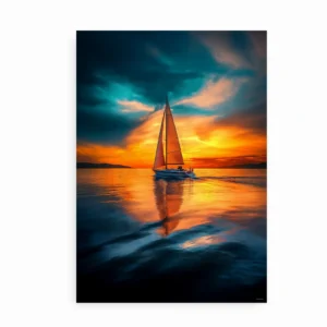 Plakat med sejlbåd på stille vand under en gylden og dramatisk solnedgang.