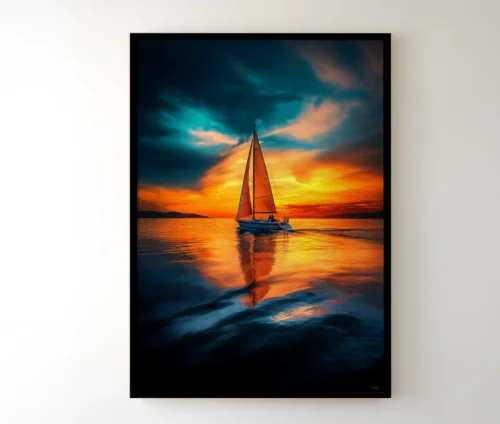 Indrammet plakat med sejlbåd og solnedgang, der hænger på en væg i stuen.