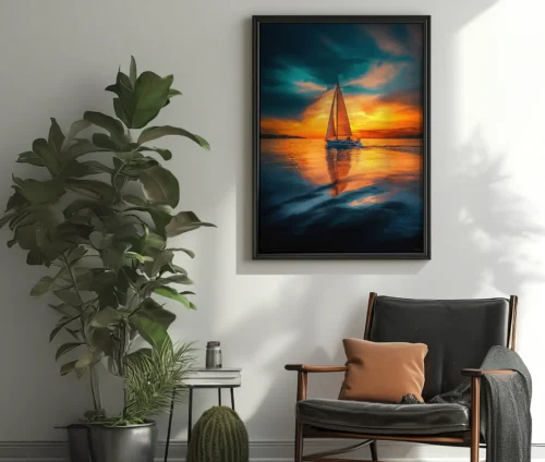 Indrammet plakat Sunset Sails med sejlbåd og solnedgang, placeret i en hyggekrog med naturligt lys.