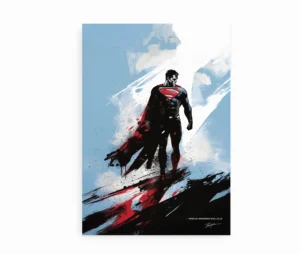 Superman-inspireret plakat med kunstnerisk design og inspirerende citat.