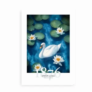 "Swan Lake"-plakat uden ramme, der viser en svane omgivet af åkander på en blå sø.
