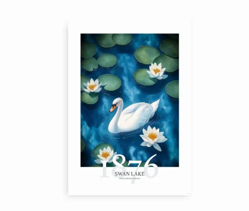 "Swan Lake"-plakat uden ramme, der viser en svane omgivet af åkander på en blå sø.