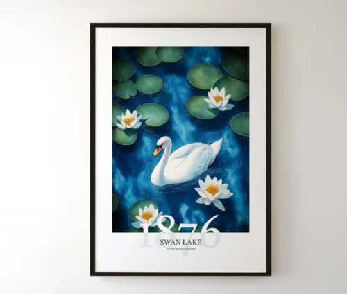 "Swan Lake"-plakat i sort ramme, der fremhæver de kontrastfyldte farver i svanen og åkanderne.
