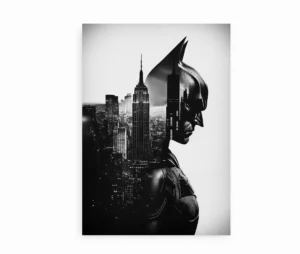 Batman plakat i sort-hvid med Gotham City integreret i hans silhuet.