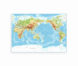 Fysisk verdenskort med højdekort, der viser jordens topografi med bjerge og havdybder.