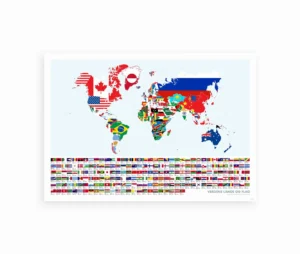 Farverigt verdenskort med nationale flag, trykt på kvalitetsplakat.