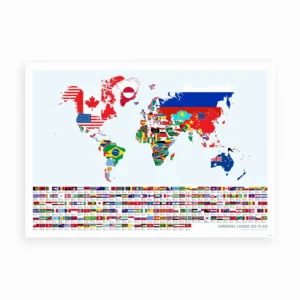 Farverigt verdenskort med nationale flag, trykt på kvalitetsplakat.