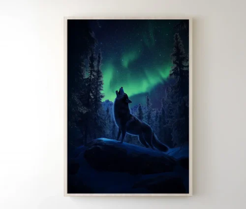 Winter Howl-plakat indrammet og ophængt på en væg.