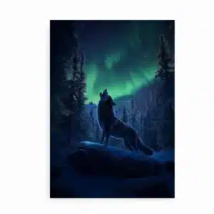 Plakat med hylende ulv og nordlys, set i en skovklædt naturscene.