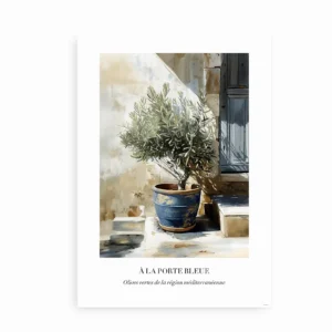 Minimalistisk plakat med oliventræ i blå keramikpotte, inspireret af middelhavsstil.