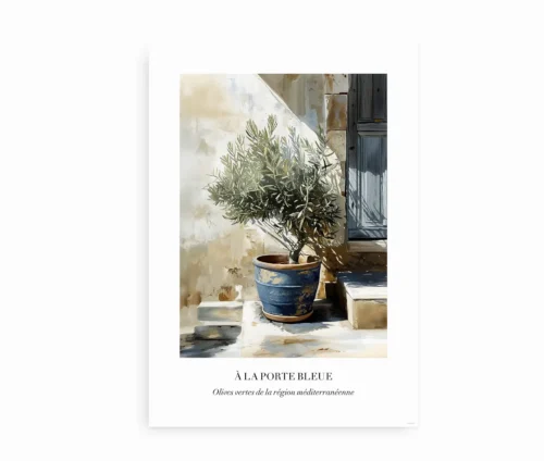 Minimalistisk plakat med oliventræ i blå keramikpotte, inspireret af middelhavsstil.