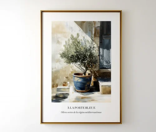 Indrammet plakat af et oliventræ ved en blå dør, ophængt i en elegant guldramme.