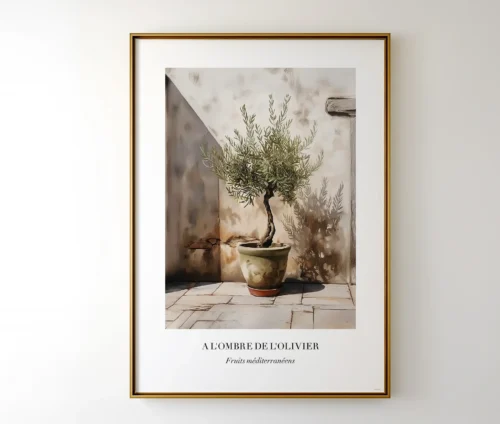 Indrammet plakat med oliventræ hængende på en væg.