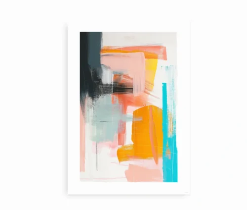 Plakat med abstrakt farvekomposition i orange, blå og sorte toner