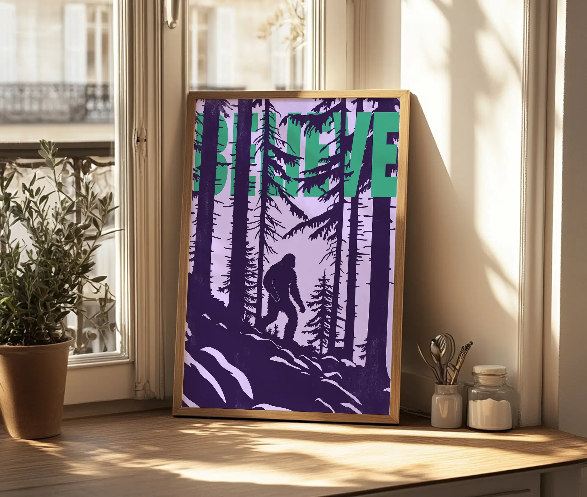 Bigfoot-plakat i træramme placeret på et bord nær et vindue med naturligt lys.