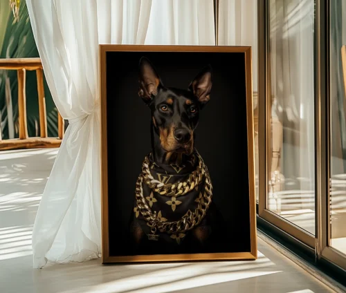 Plakat med doberman i en stilfuld træramme