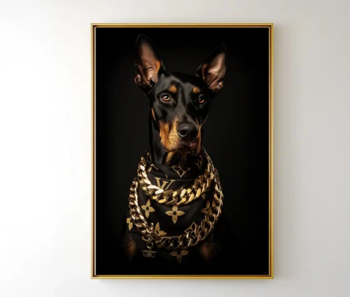 Plakat med doberman i gylden ramme
