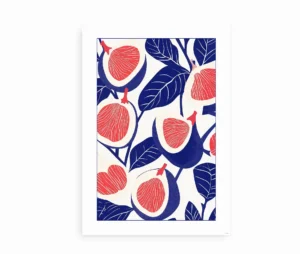 Plakat med stiliserede figner og blå blade på en lys baggrund.