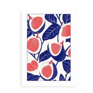 Plakat med stiliserede figner og blå blade på en lys baggrund.