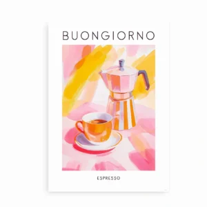 Farverig plakat med en mokkakande og espresso, uden ramme, med teksten "Buongiorno Espresso".