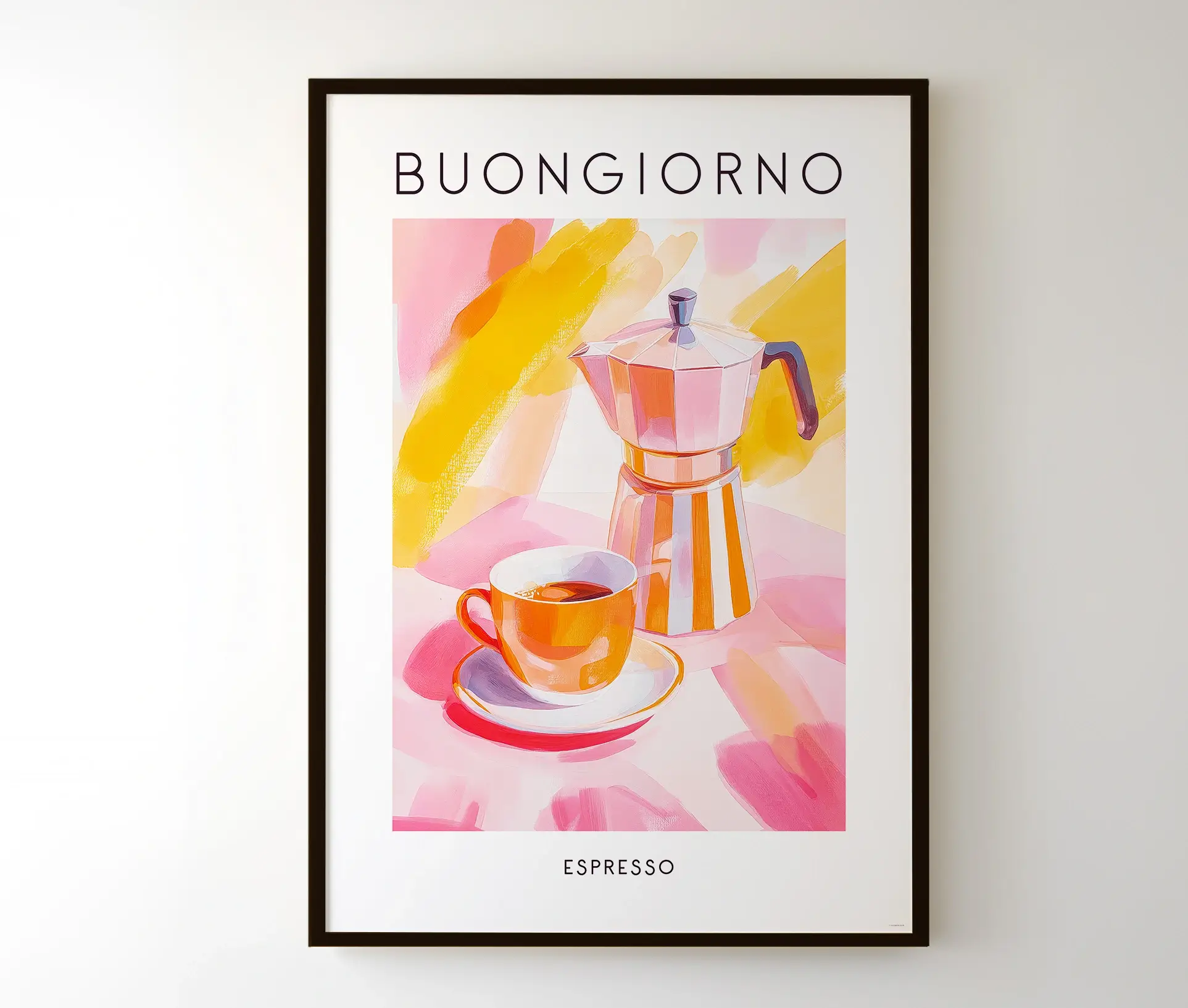 Indrammet plakat med motiv af en mokkakande og en kop espresso, ophængt på en hvid væg.