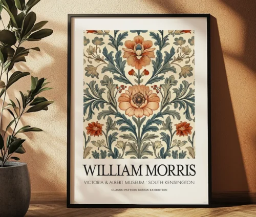 Plakat med botanisk mønster i sort ramme inspireret af William Morris