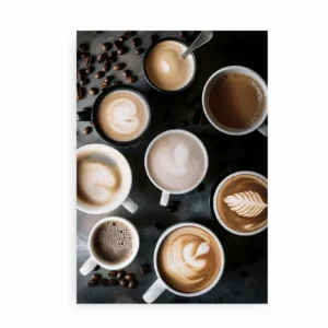 Kaffeplakat uden ramme med forskellige kaffetyper, set ovenfra.