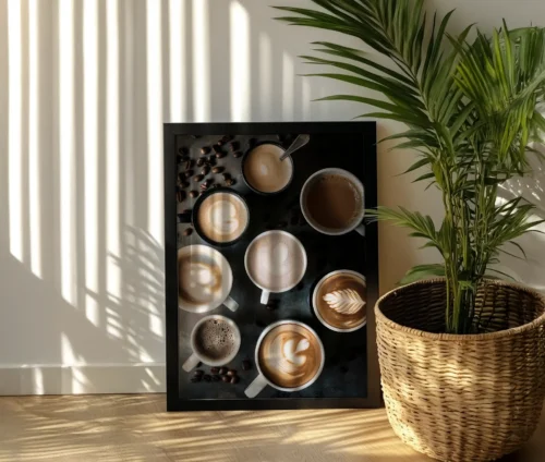 Sort indrammet kaffeplakat, lænet op ad en væg ved siden af en grøn plante.