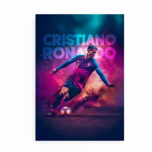 Fodbold plakat med en spiller i aktion omgivet af farverige effekter.