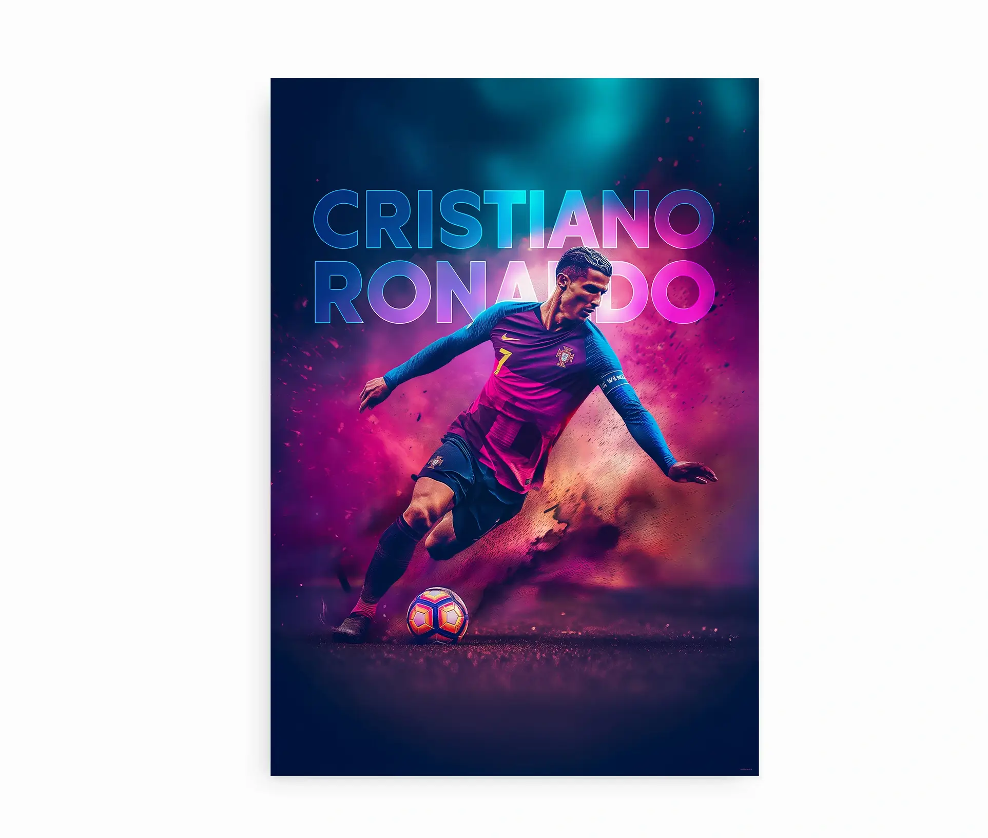 Fodbold plakat med en spiller i aktion omgivet af farverige effekter.