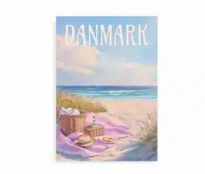 Plakat med madkurv, tæppe og havudsigt