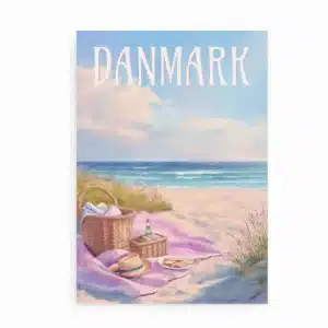 Plakat med madkurv, tæppe og havudsigt