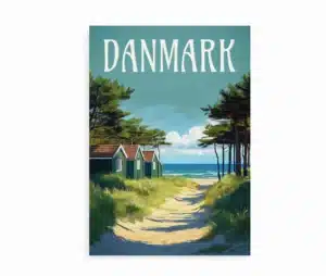 Plakat med danske sommerhuse ved stranden og fyrretræer