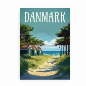 Plakat med danske sommerhuse ved stranden og fyrretræer