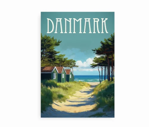 Vintage-inspireret plakat af danske sommerhuse ved stranden med en sandsti og blå himmel.