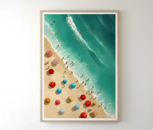 Day at the beach plakat i ramme, der viser en livlig strandscene fra oven.