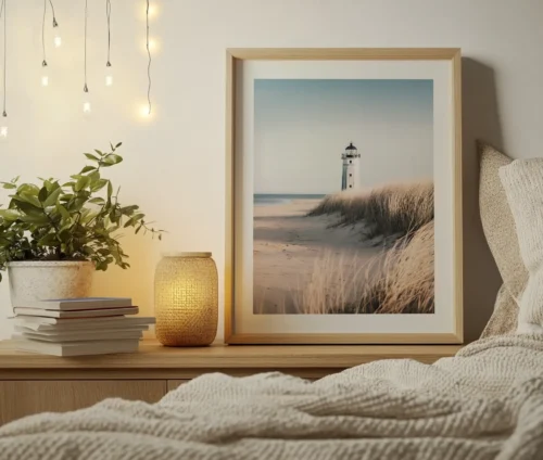 Indrammet plakat med fyrtårn og sandklitter, placeret på et natbord i en hyggelig indretning.