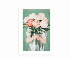 Kunstplakat med en smuk blomsterbuket i pastelfarver på en grøn baggrund.