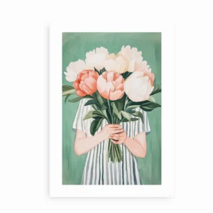 Kunstplakat med en smuk blomsterbuket i pastelfarver på en grøn baggrund.