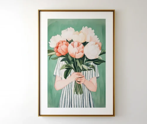Smuk blomster plakat med en stor buket pæoner i en elegant guldramme.