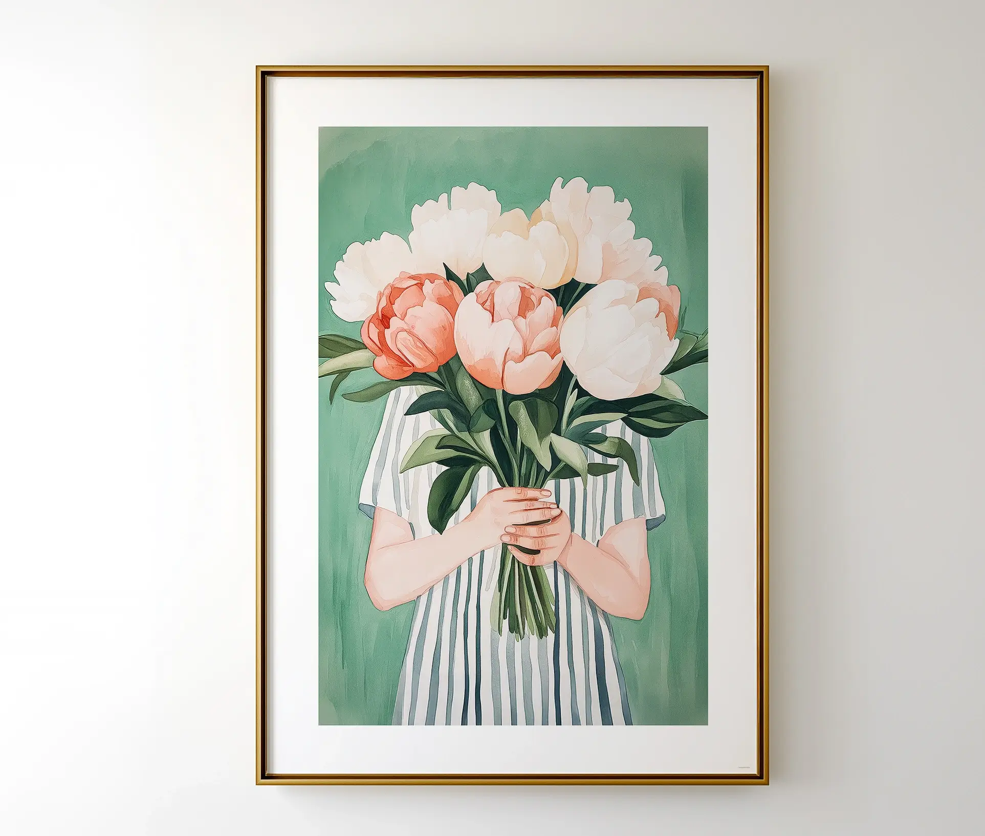 Smuk blomster plakat med en stor buket pæoner i en elegant guldramme.