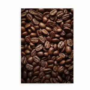 Plakat med gyldne, ristede kaffebønner i varme nuancer