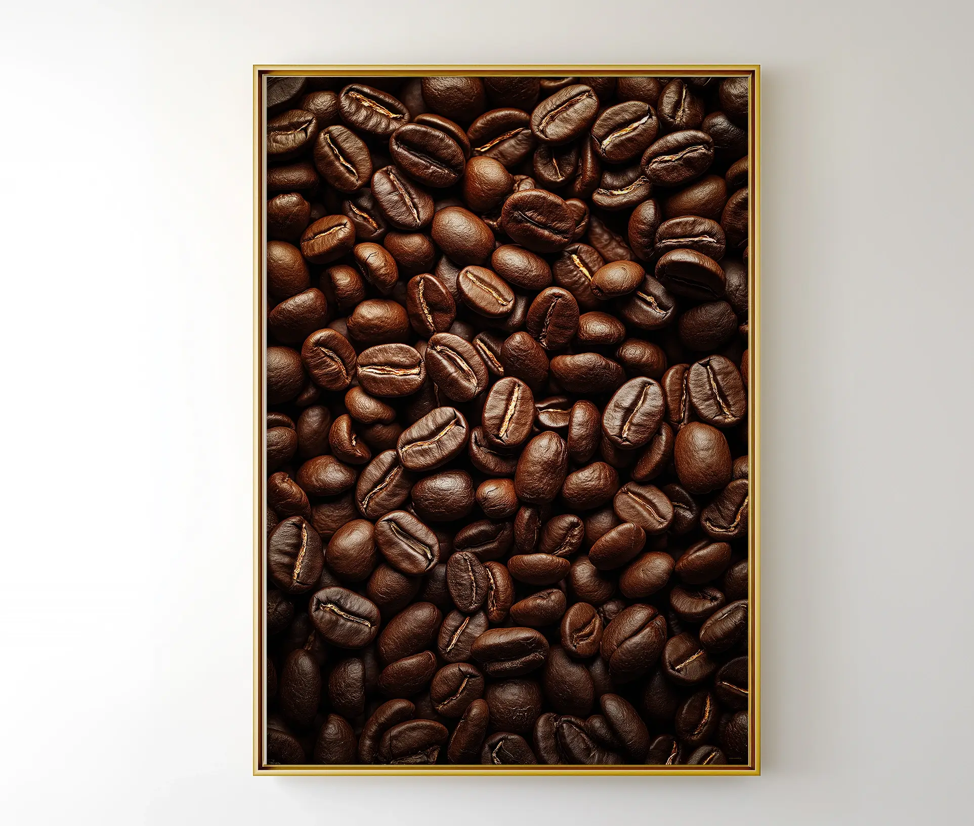 Plakat med kaffebønner i gylden ramme