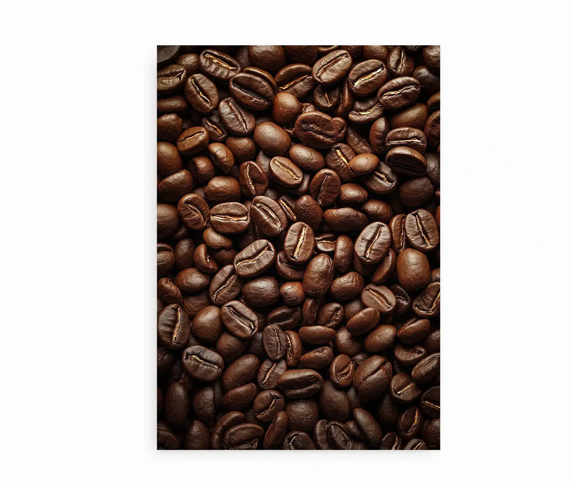 Plakat med gyldne, ristede kaffebønner i varme nuancer