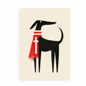 Minimalistisk plakat af en sort hund med et rødt tørklæde på en lys baggrund.