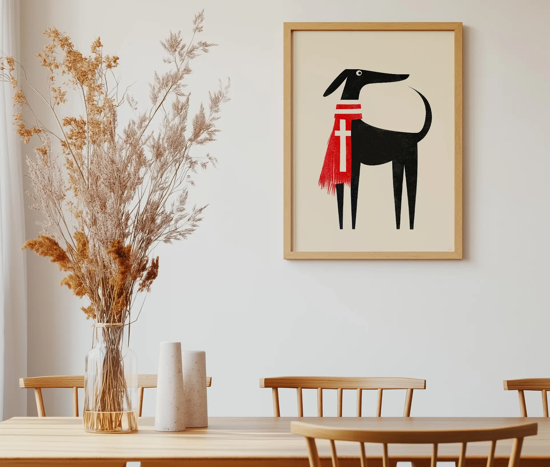 Plakat med hund i minimalistisk stil hængende i en stilfuld spisestue.