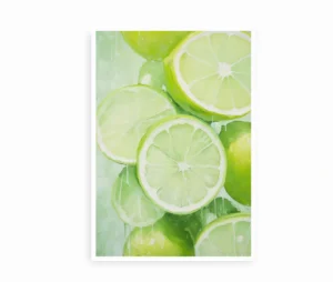 Plakat med friske limefrugter skåret i skiver i et moderne kunstnerisk udtryk.