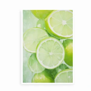 Plakat med friske limefrugter skåret i skiver i et moderne kunstnerisk udtryk.